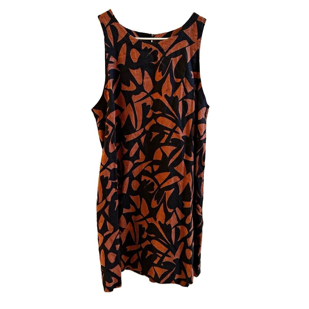 A New Day Womens Shift Dress L Sleeveless Black Brown Floral Woven Linen Rayon